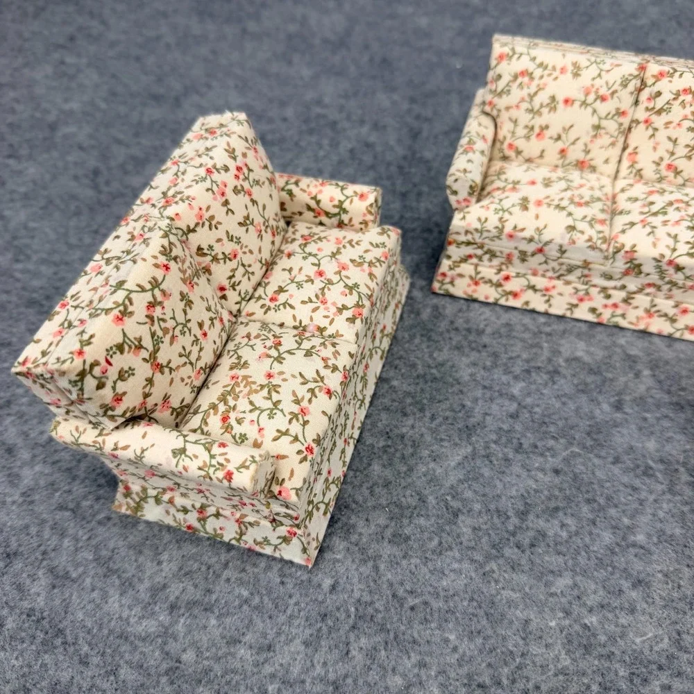 Miniature Dollhouse Floral Living Room Furniture Set Sofa Chairs Ottoman 4 Pc